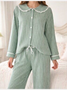 Rachel Ashwell Green/White Striped Long Sleeve Peter Pan Collar Pajama Set SMALL
